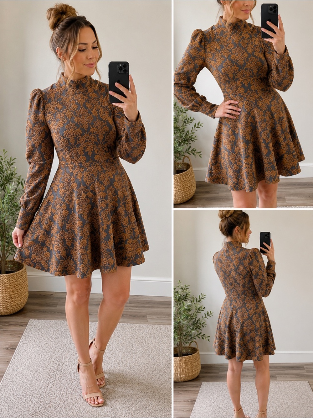 NWOT! VICI Large High-Neck Long Sleeve A-Line Dress in Mustard and Charcoal